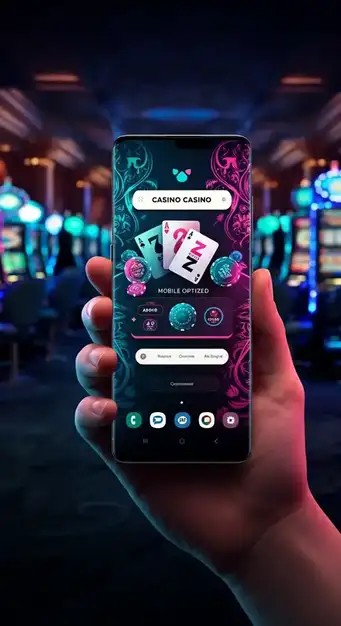 Illustratie van de Blitz Casino Android app-interface op een smartphone met populaire dice slots en navigatieknoppen